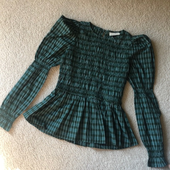 NWOT green plaid top with puffy sleeve Small - Picture 1 of 3